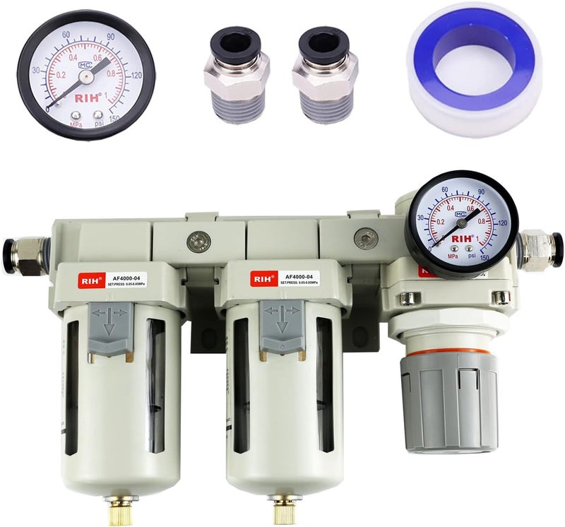 RIH Store Pneumatics DFR-04 1/2'' NPT Compressed Air Double Filter & Regulator, Air Drying System, Air Compressor Water Separator, Semi -Auto Drain, Poly Bowl,0-150 psi Gauge, 5 Micron Brass Element - Image 1